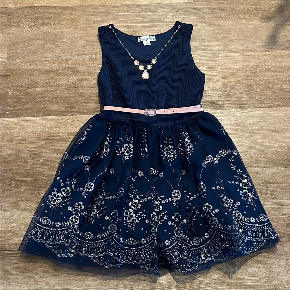 Elegant Navy and Pink Floral Kids Dress